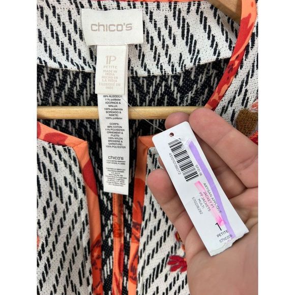 Chico's Artisan Applique Jacket  sz 1 P womens M 3/4-sleeves Black White Coral - Picture 4 of 6